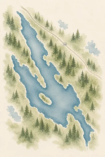 Artist Impression of Bass Lake, Not To Scale with a map for Places to Eat in Muskoka