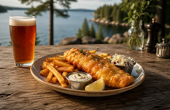 A plate of fish and chips while we are eating in Muskoka